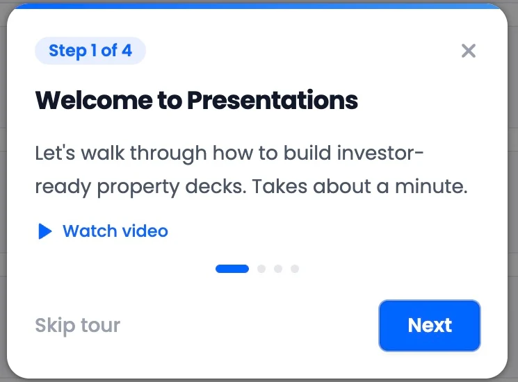 Welcome to Presentations tour tooltip with Watch video, Skip, and Next.