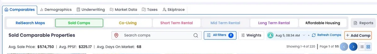 Close-up of comp strategy tabs, filters, and refresh controls