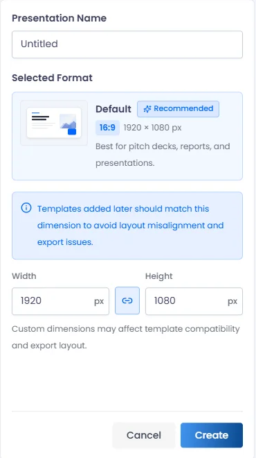 Close-up of the presentation name, selected format, dimensions, and Create button