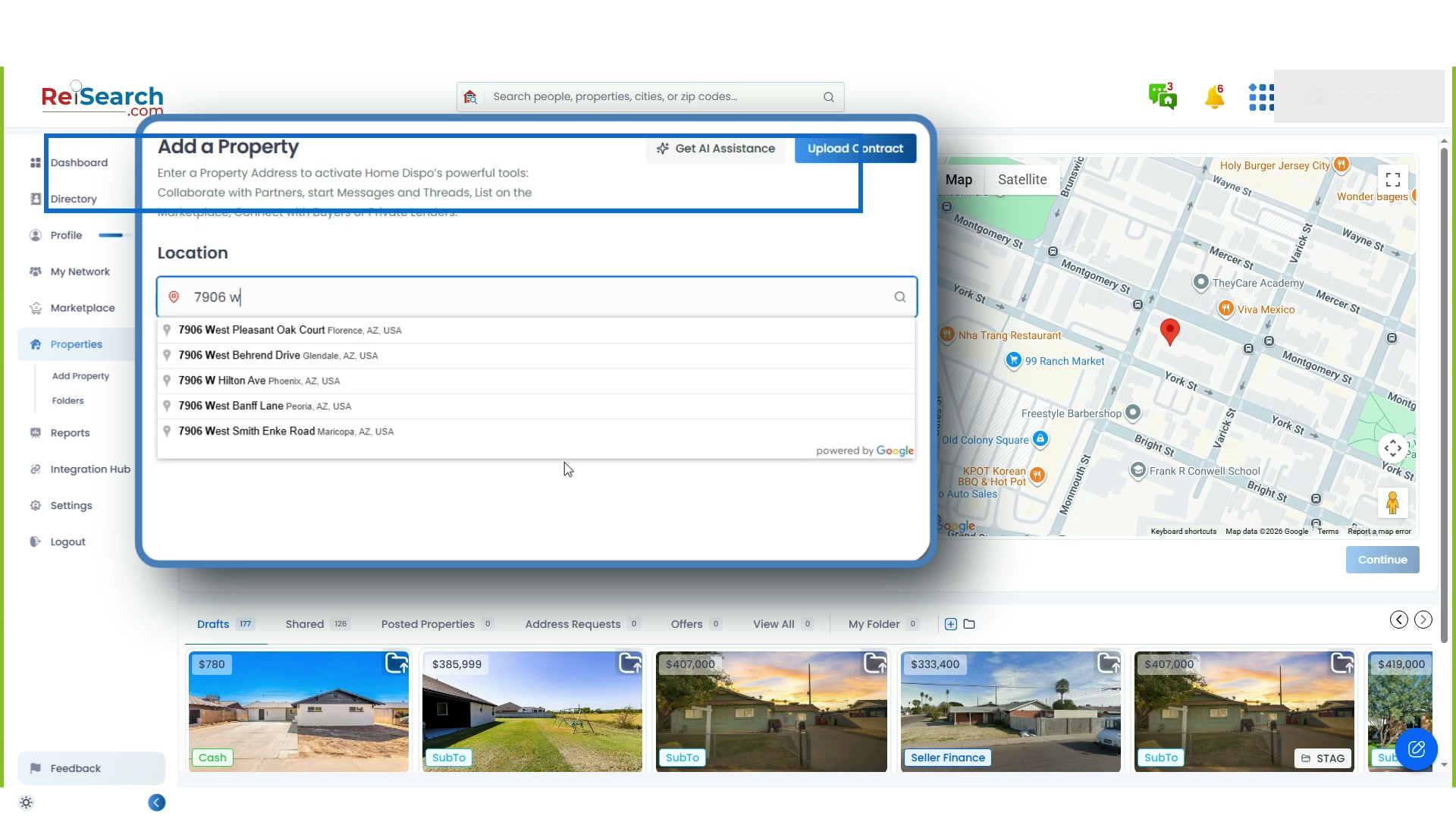Full ReiSearch Add a Property page with address suggestions highlighted and the application navigation visible
