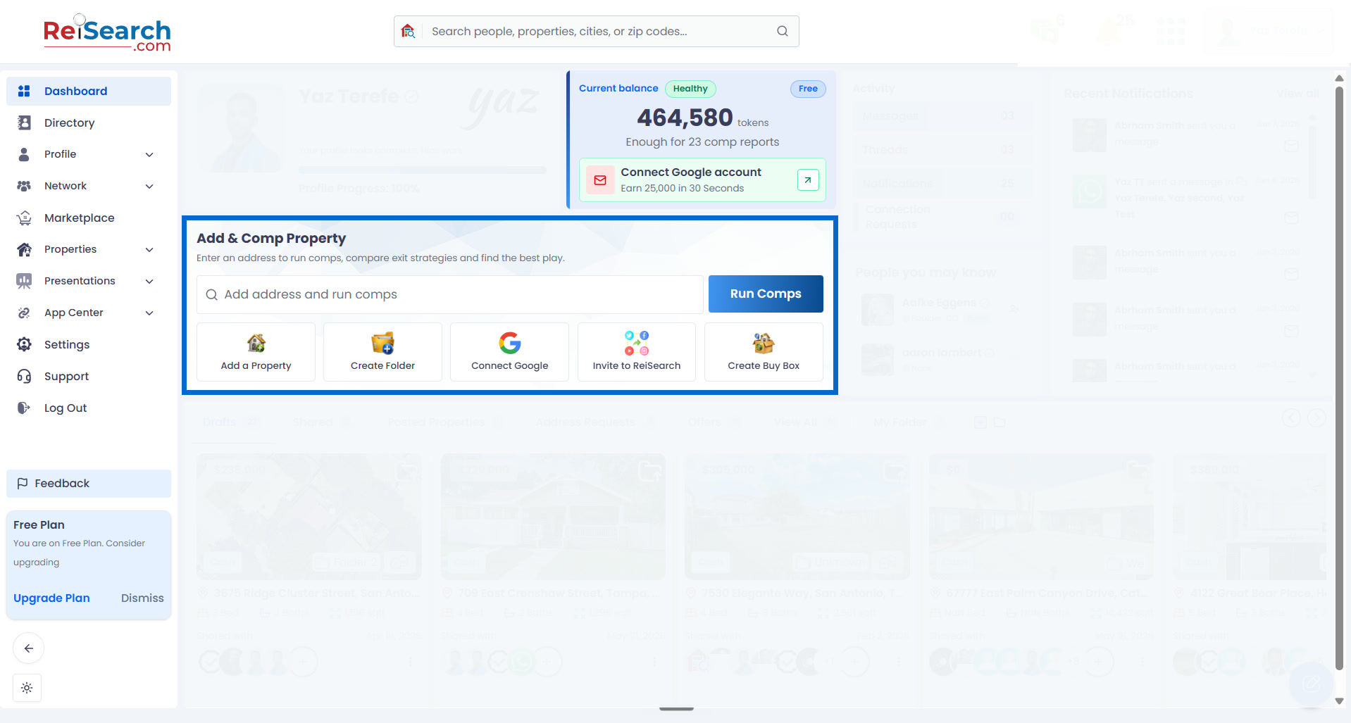 ReiSearch Dashboard with the Add and Comp Property workflow highlighted