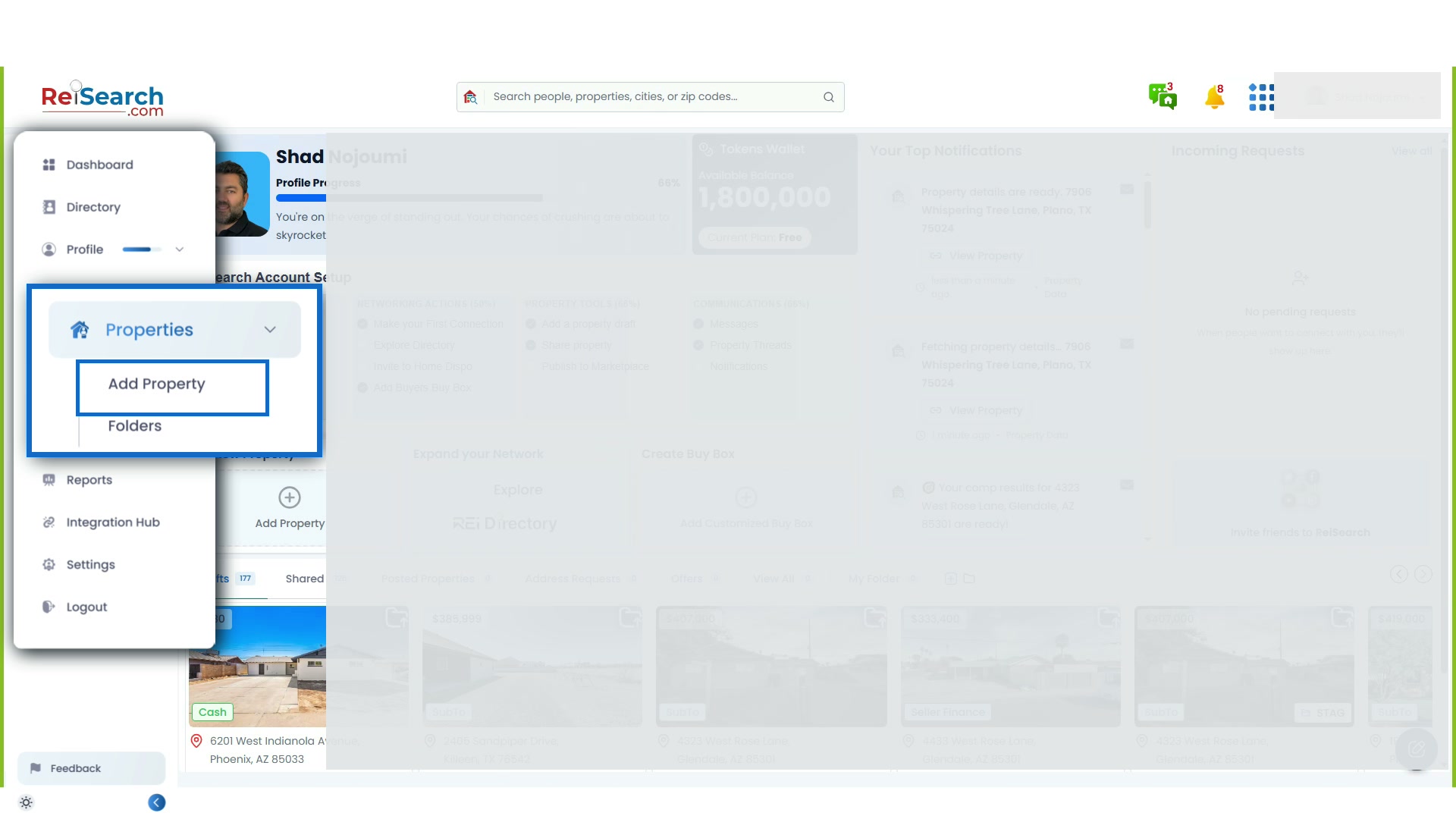 Full ReiSearch Dashboard with Properties highlighted in the navigation