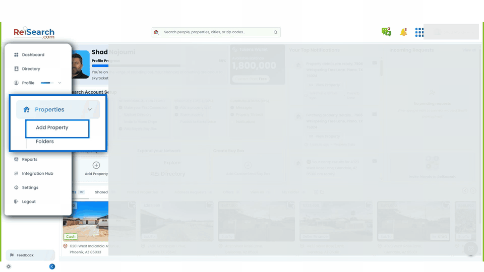 The full ReiSearch Dashboard with Properties and Add Property highlighted, followed by the full Add a Property page