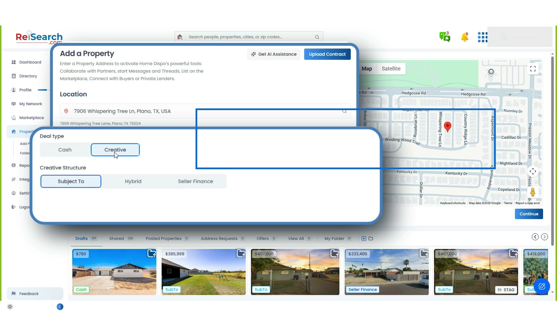 Full ReiSearch Add a Property page showing Cash and Creative deal choices with the Creative structures highlighted