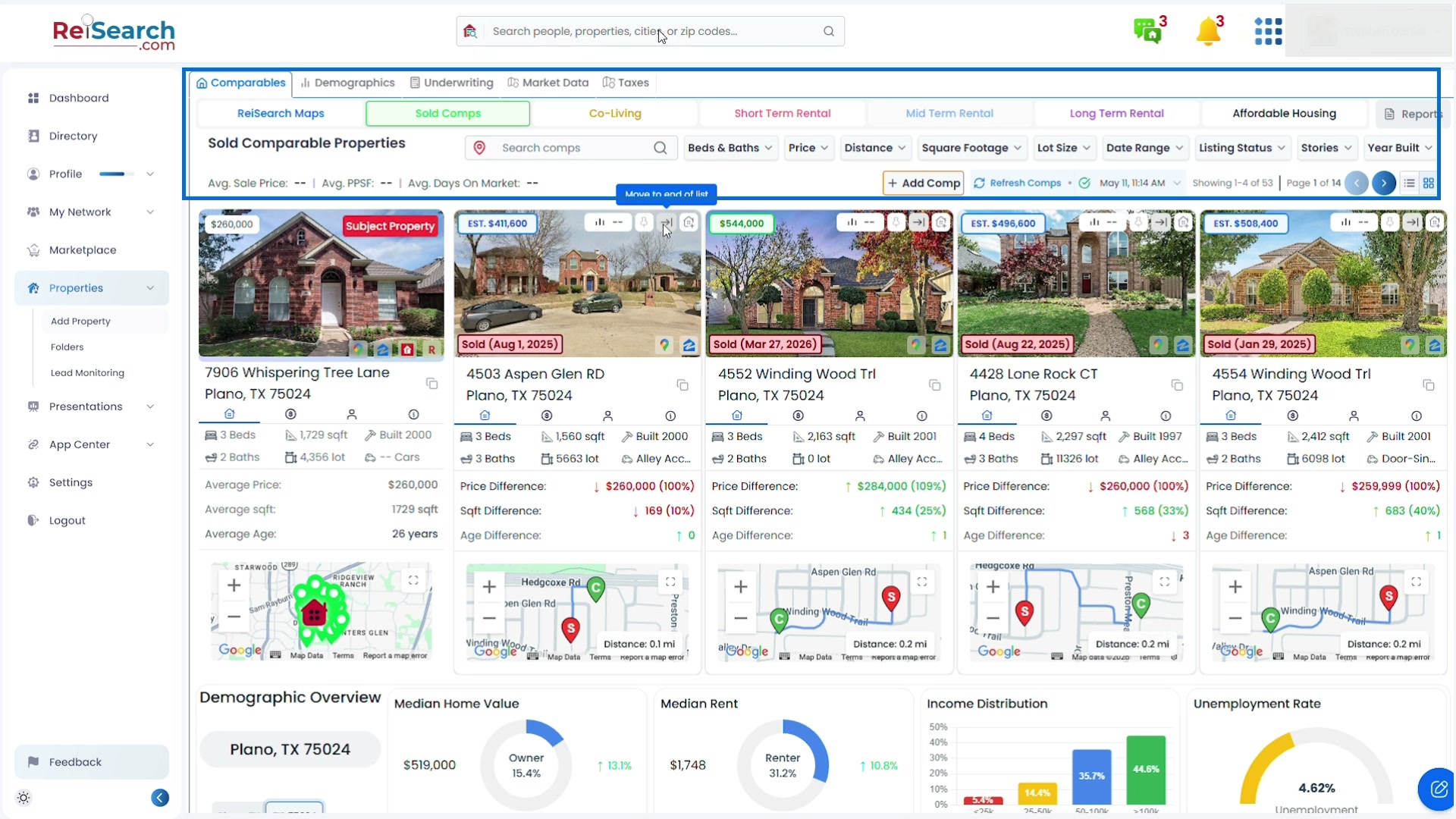 Full ReiSearch property workspace with the Comparables strategies and filters highlighted above the subject property and comparable-property cards